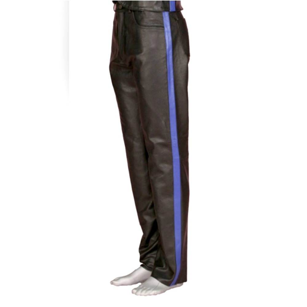 KOOKIE 100% Leather Motorcycle Pants with Blue Stripe on the sides (size: 30)